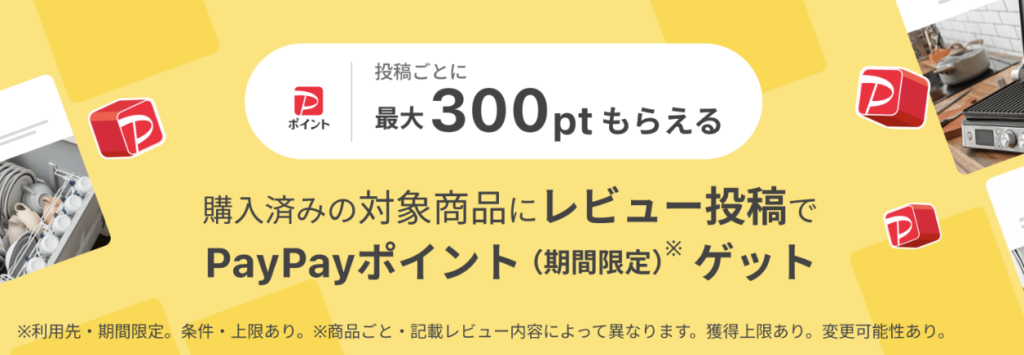 購入済みの対象商品にレビュー投稿でpaypayポイントゲットのバナー